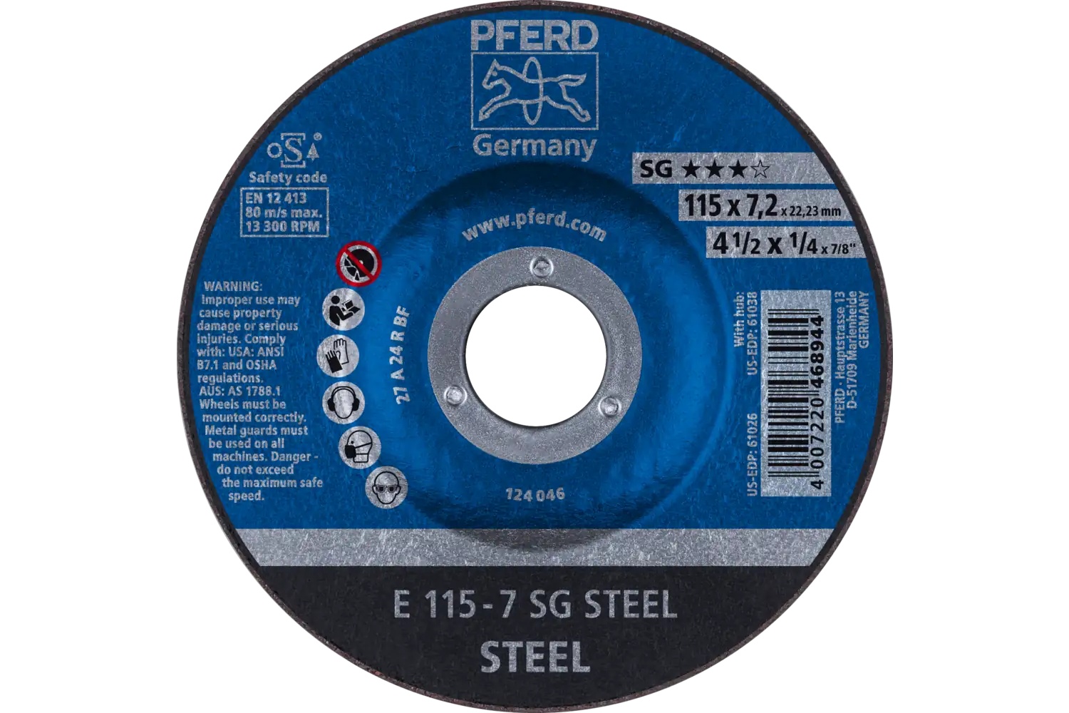 Picture of Pferd Grinding Wheel, 4-1/2" X 1/4 X 7/8, Sg Steel, T27, Aluminum Oxide